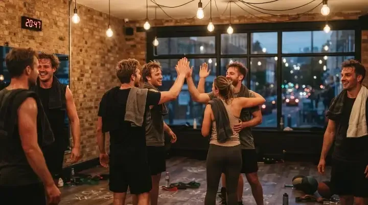 Evening gym class with members high-fiving after a workout in West Hampstead