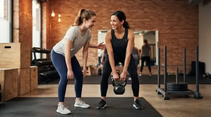 Coach teaching a beginner a kettlebell deadlift in a CrossFit-style class in West Hampstead