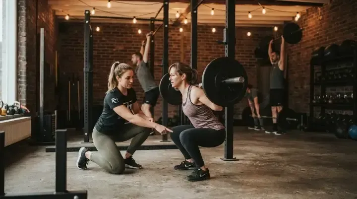 Coach correcting a member's squat technique during SGPT training at HIIT West Hampstead