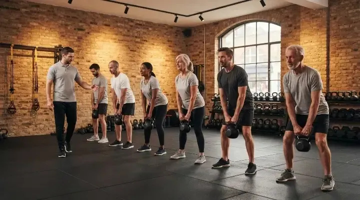Small group of six members lifting kettlebells in an SGPT session in West Hampstead