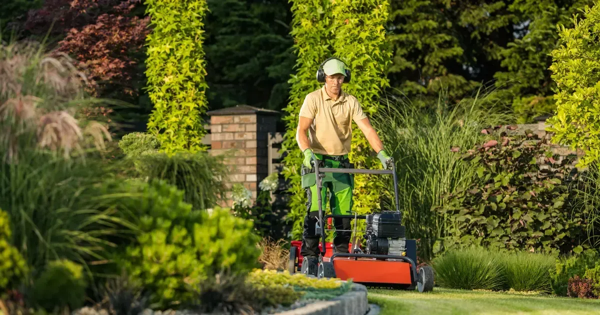 Honey Badger Lawn & Landscape -
A man is mowing a lush green lawn with a lawn mower.