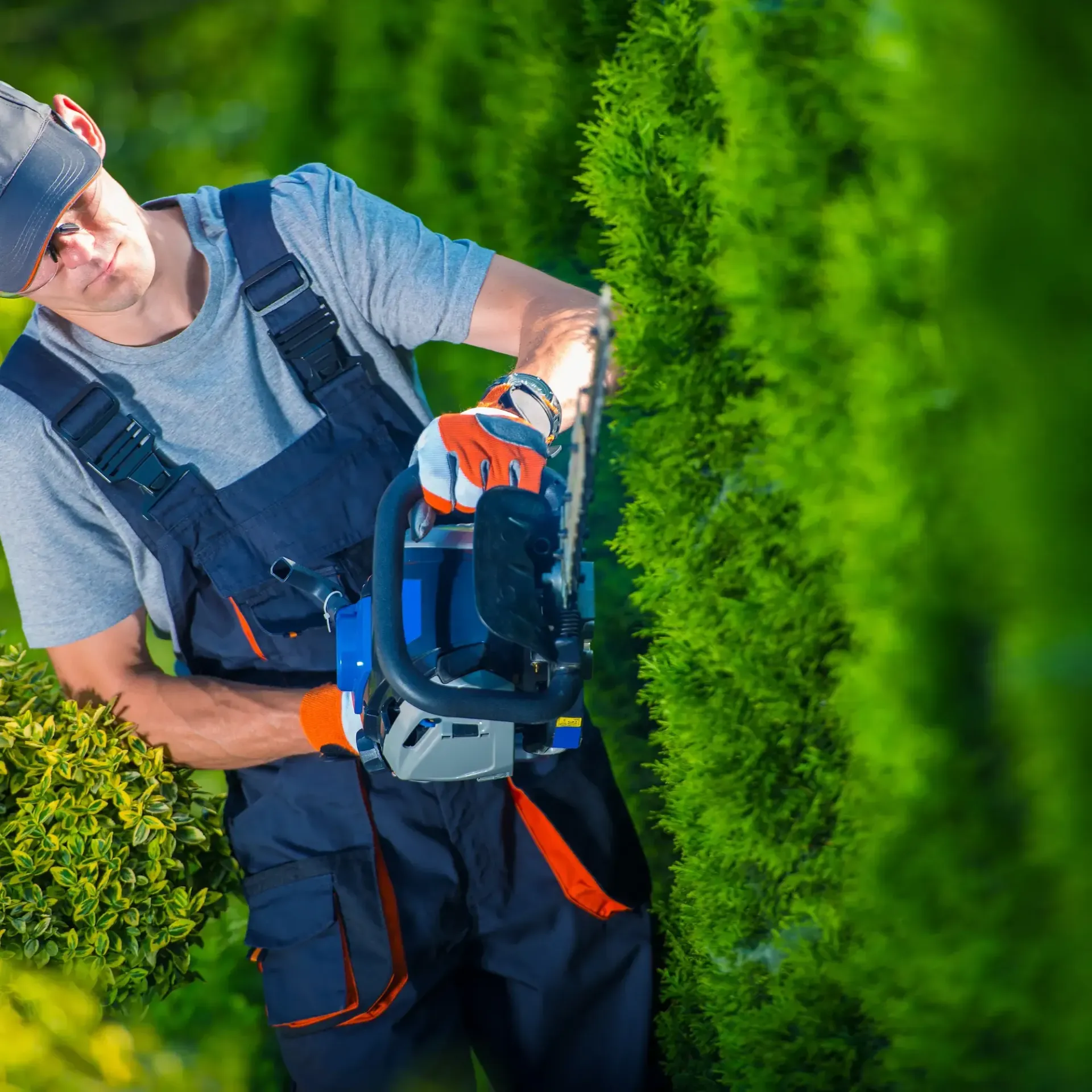 Honey Badger Lawn & Landscape - A man is cutting a hedge with a chainsaw.