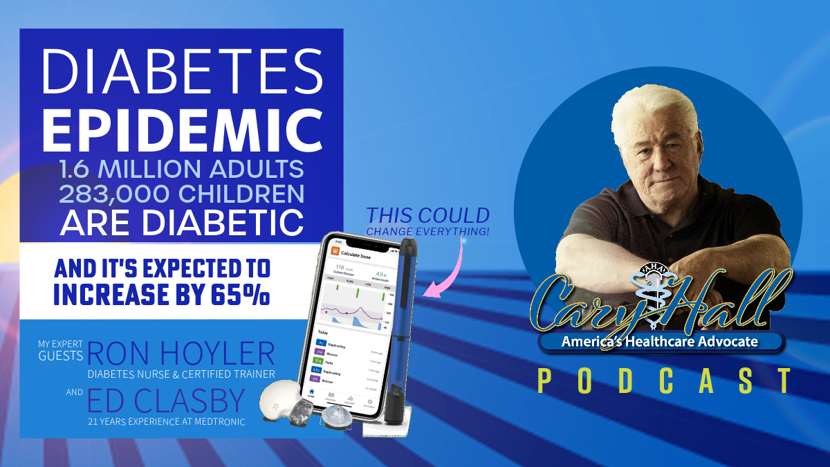 Blue diabetes awareness poster with podcast host, phone app, and text about epidemic growth