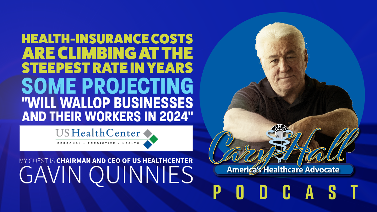 Podcast promo with Gavin Quinness, bold health-insurance-cost text on blue background, man on right side.