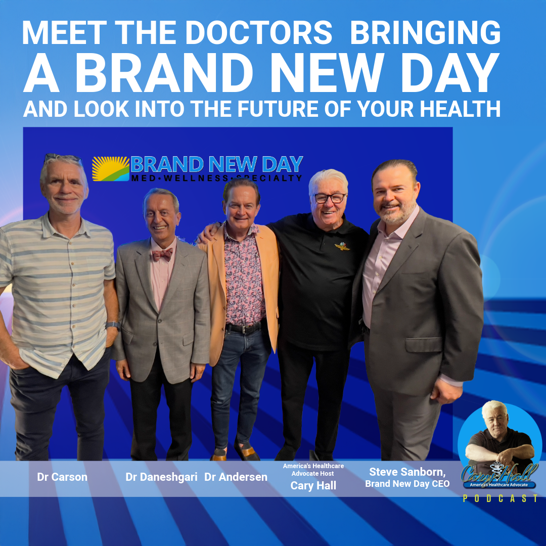 Five doctors standing under “Brand New Day” event banner on a blue stage background
