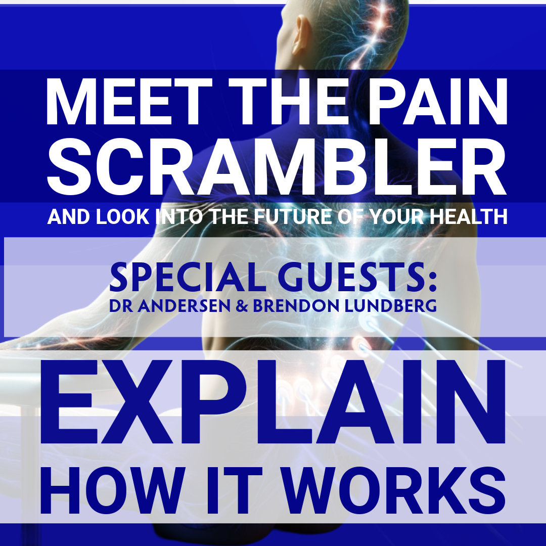 Blue-and-white promo for “Meet the Pain Scrambler,” featuring special guests and “Explain How It Works.”