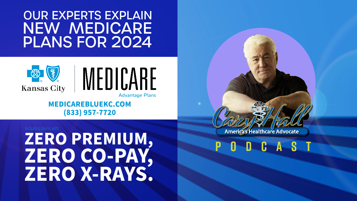 Medicare Advantage ad with blue background, doctor portrait, and text: zero premium, co-pay, and x-rays.