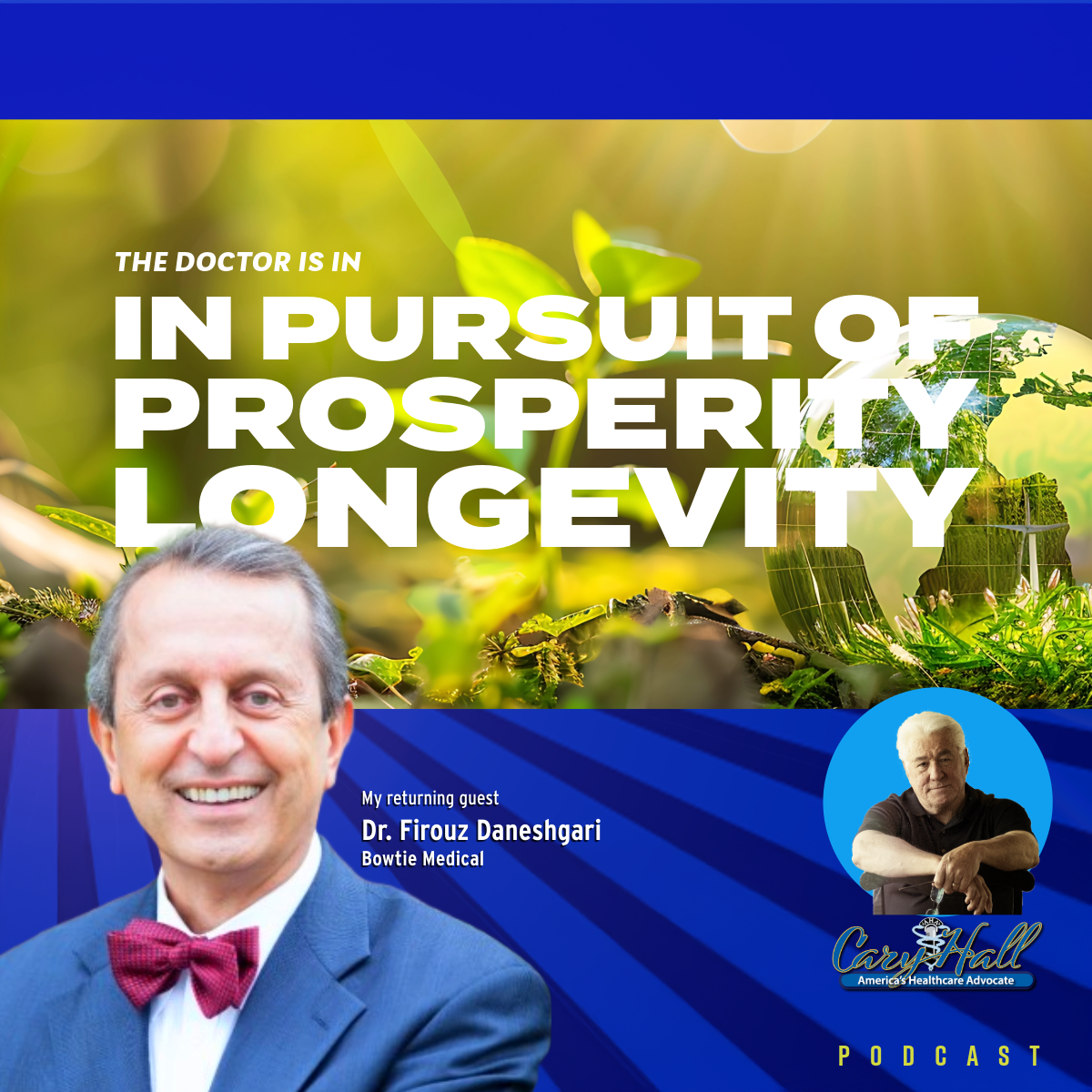 Podcast cover with a smiling doctor and bold text: “In Pursuit of Prosperity, Longevity”