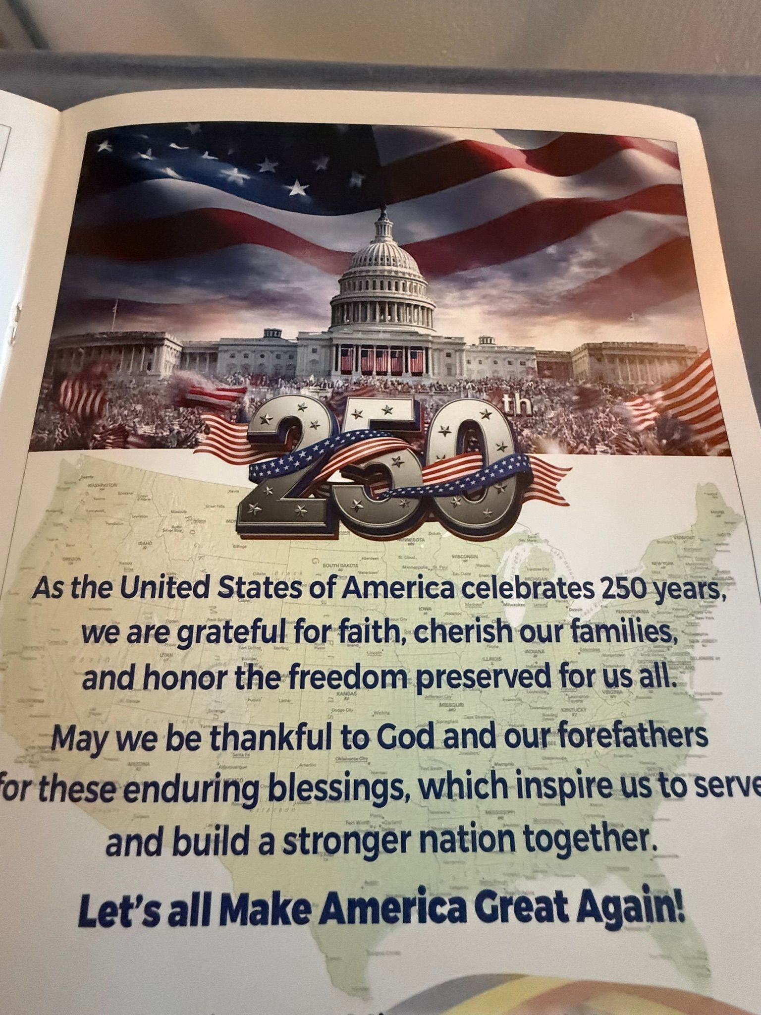 American flag, U.S. Capitol, and “250” with patriotic 250th anniversary text and slogan.