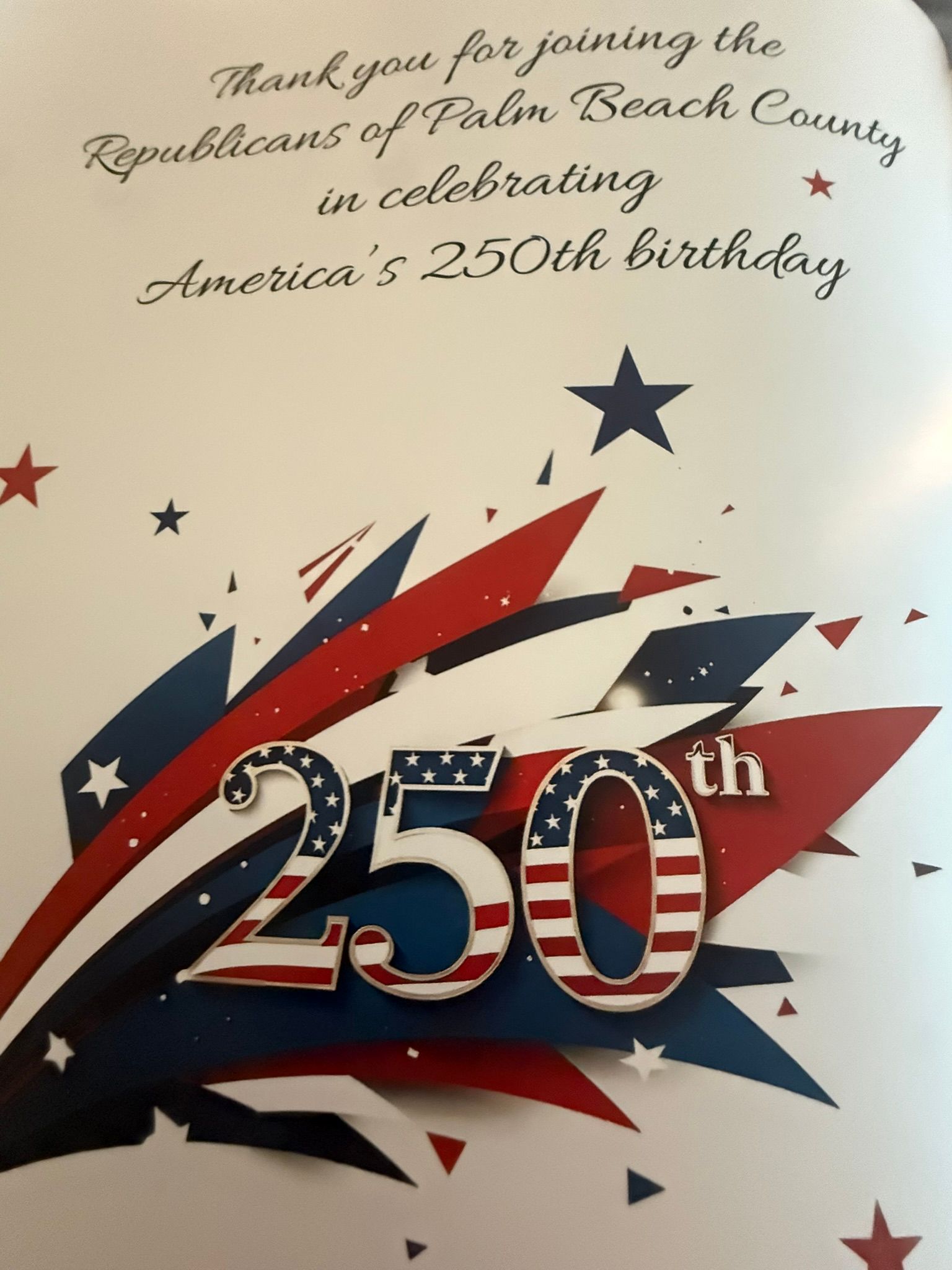 Patriotic 250th birthday card with red, white, and blue fireworks and stars on a cream background