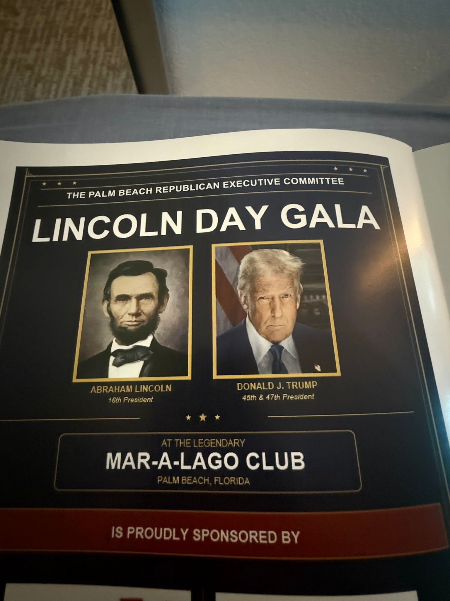 Lincoln Day Gala poster with two portraits and Mar-a-Lago Club branding on a black background
