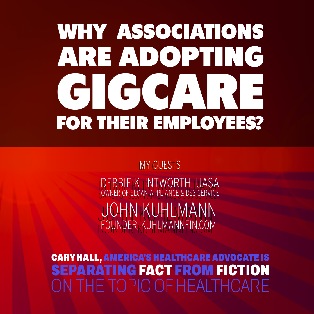 Poster reading “Why associations are adopting gigcare for their employees?” with speaker names on a red background