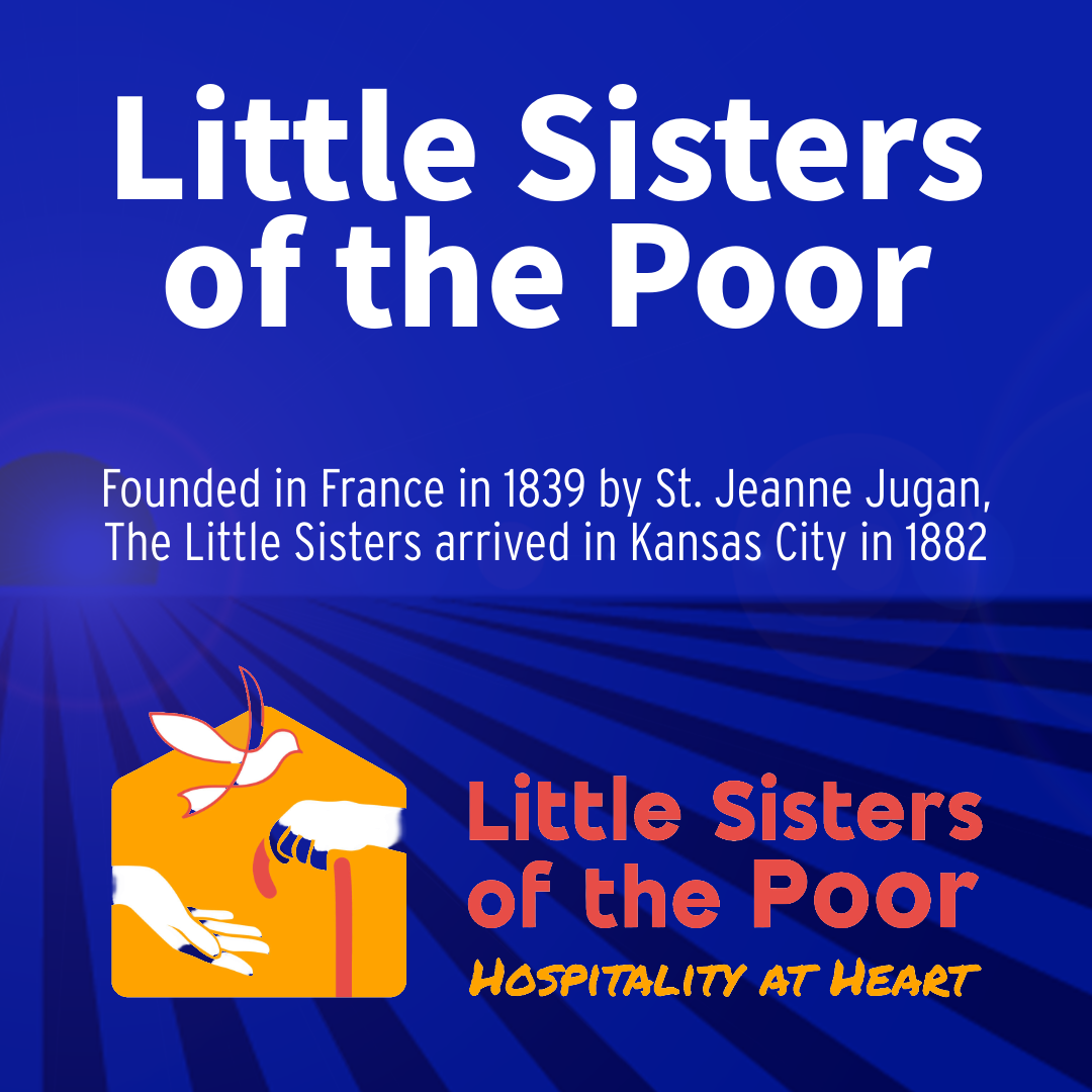 Little Sisters of the Poor logo on blue background with white text and orange hands holding a heart and cross