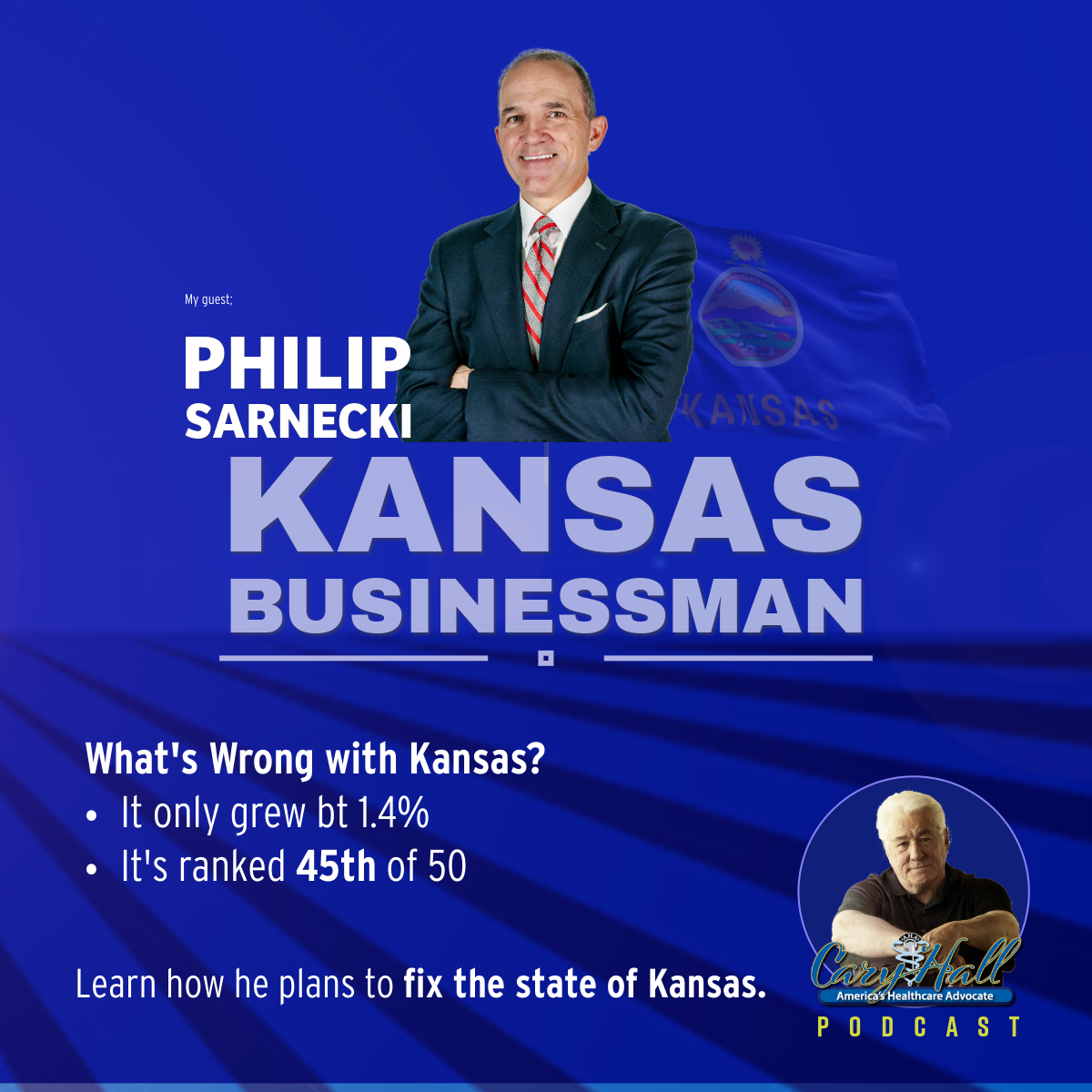 Philip Sarnecki campaign poster in blue, reading “Kansas businessman” with “What’s wrong with Kansas?” text.