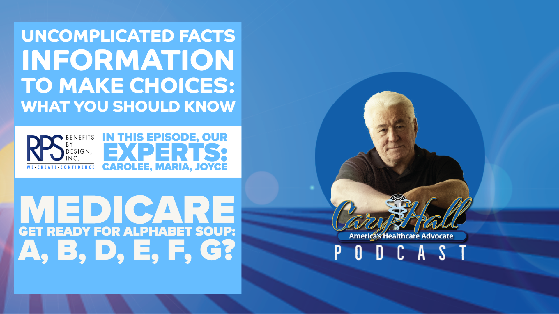 Blue Medicare facts graphic with man on right and text on alphabet soup choices and expert tips