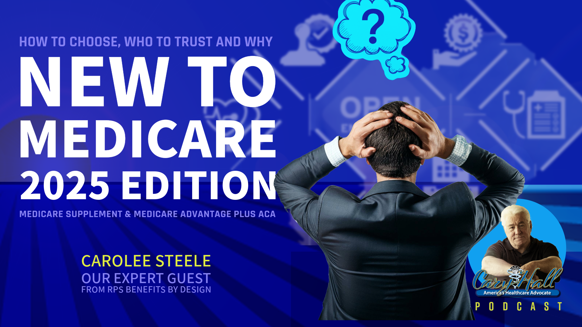 Blue Medicare 2025 title card with a worried person holding their head and a thought bubble of question marks