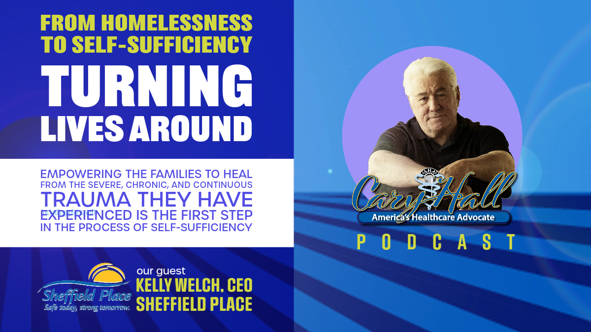 Blue podcast promo: “Turning Lives Around” with text about homelessness, trauma, and a portrait of the host.