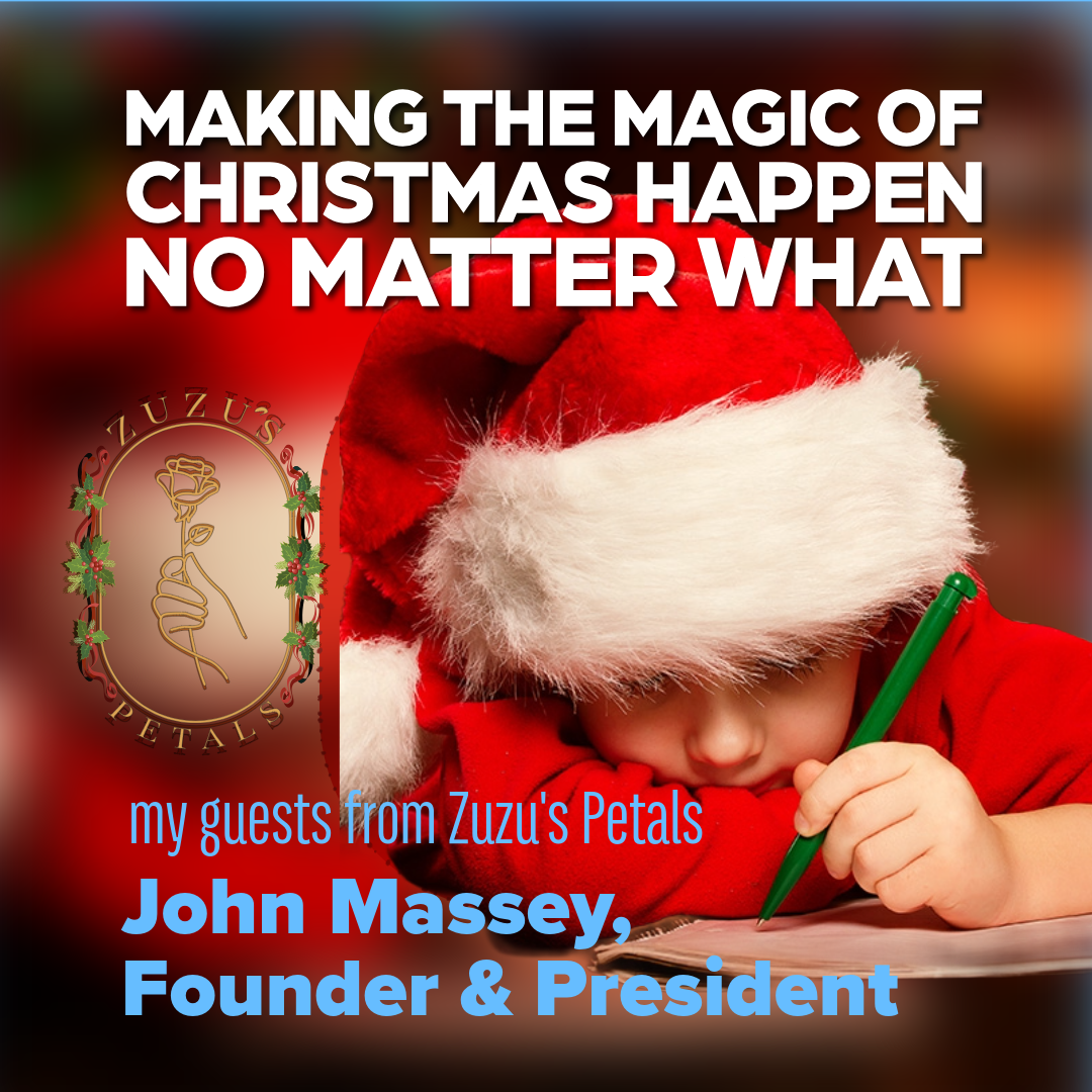 Santa hat over child writing; text reads “Making the magic of Christmas happen no matter what” and “John Massey”
