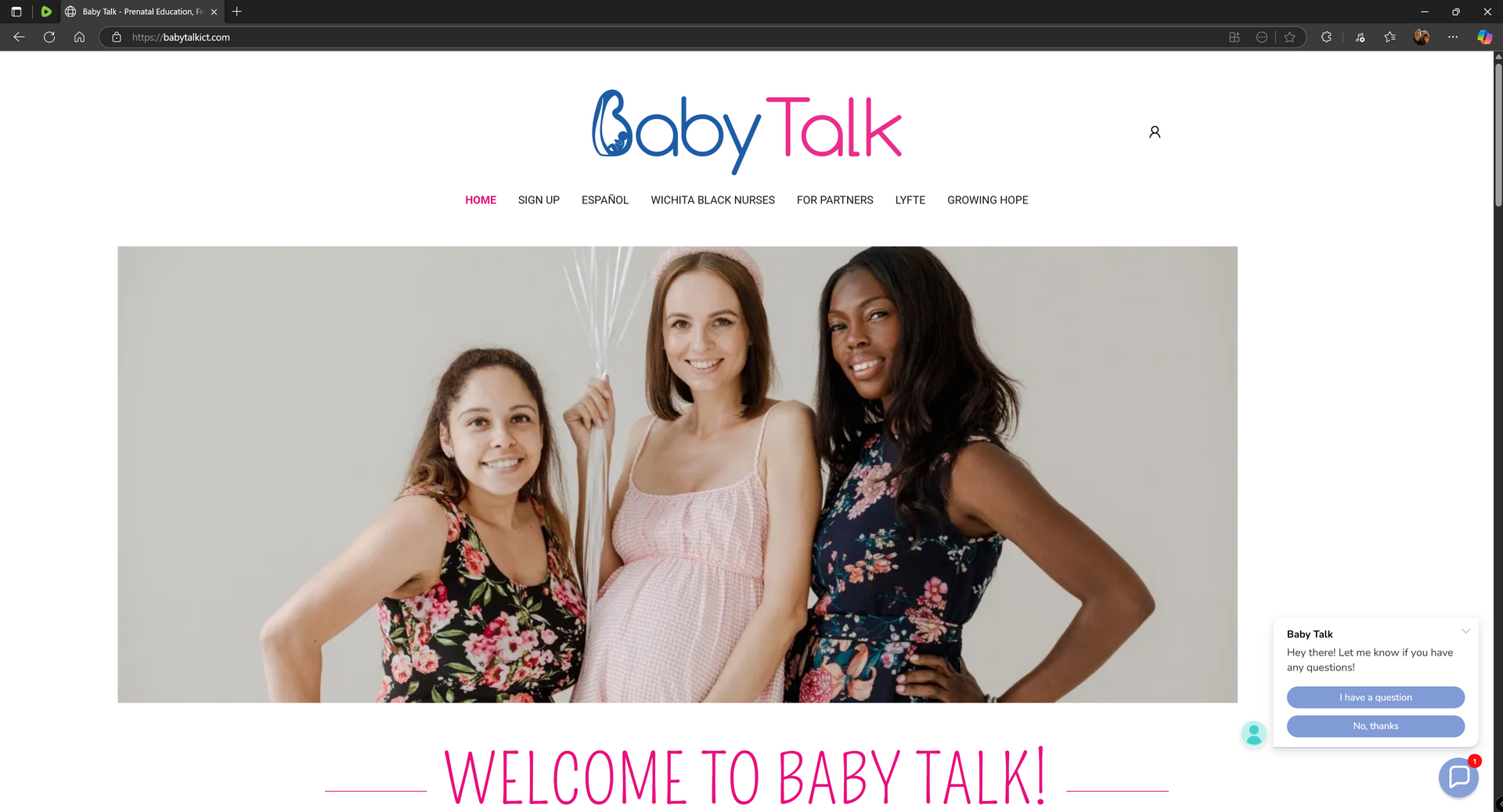 Baby Talk website homepage with three women posing above a “Welcome to Baby Talk!” banner