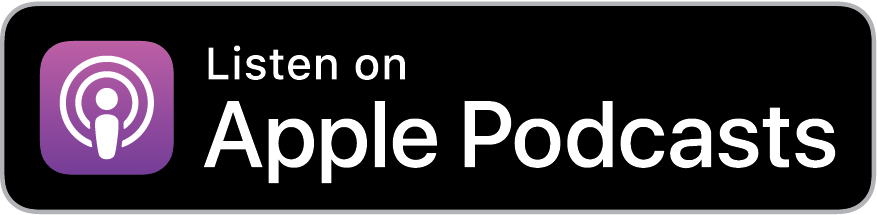 “Listen on Apple Podcasts” badge with white text and purple podcast icon on a black background