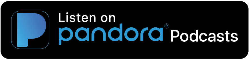 Listen on Pandora Podcasts logo with blue Pandora icon and black background