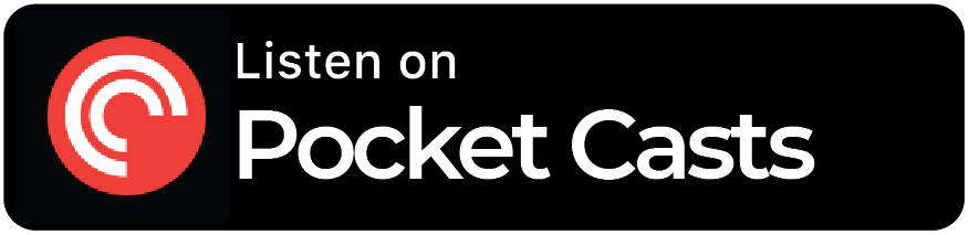 Pocket Casts podcast badge on black background with red circular logo and white text 
