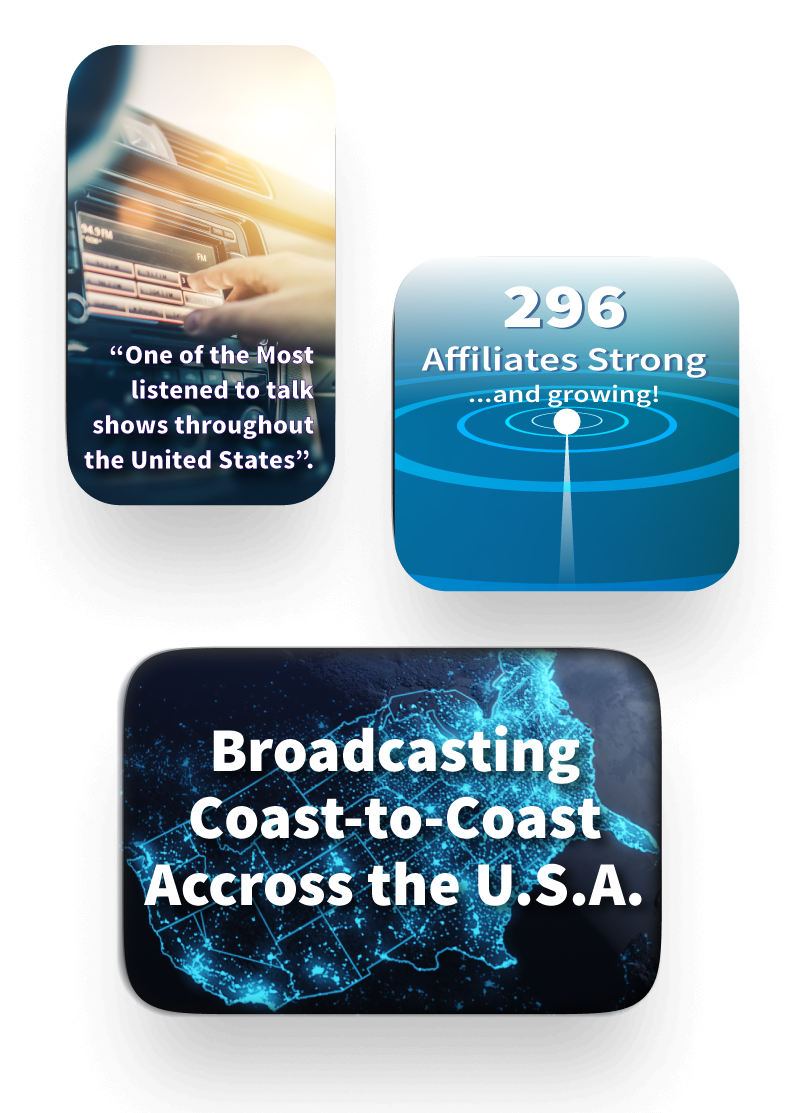 Broadcasters graphic with 296 affiliates and “Broadcasting Coast-to-Coast Across the U.S.A.”