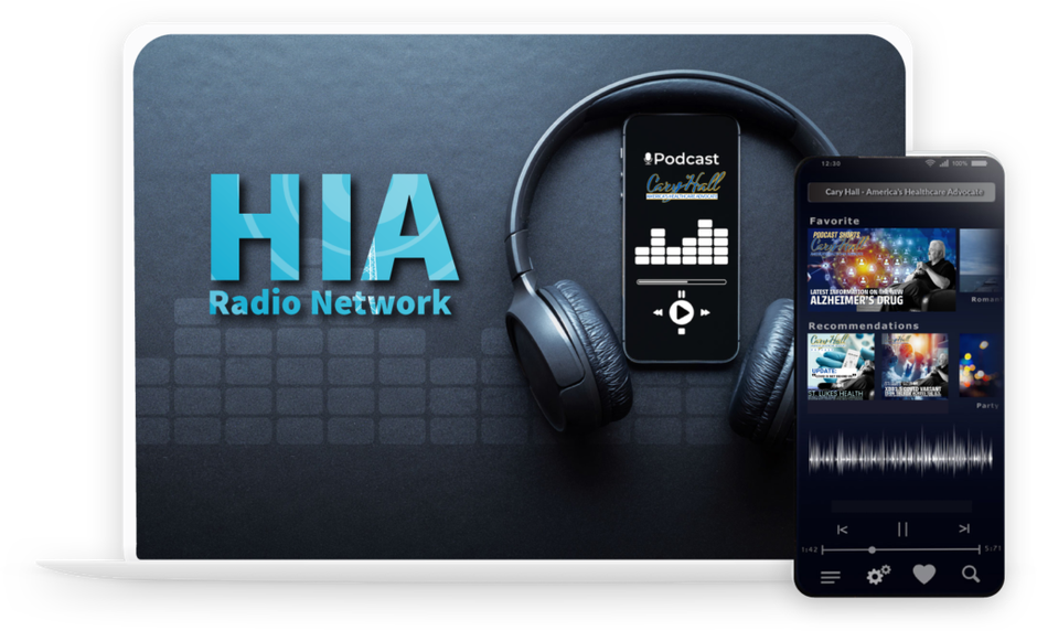 HIA Radio Network logo with headphones, smartphone, and app interface on a dark background