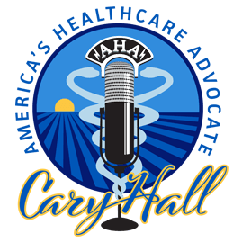 America's Healthcare Advocate Cary Hall logo with microphone and blue sunburst design