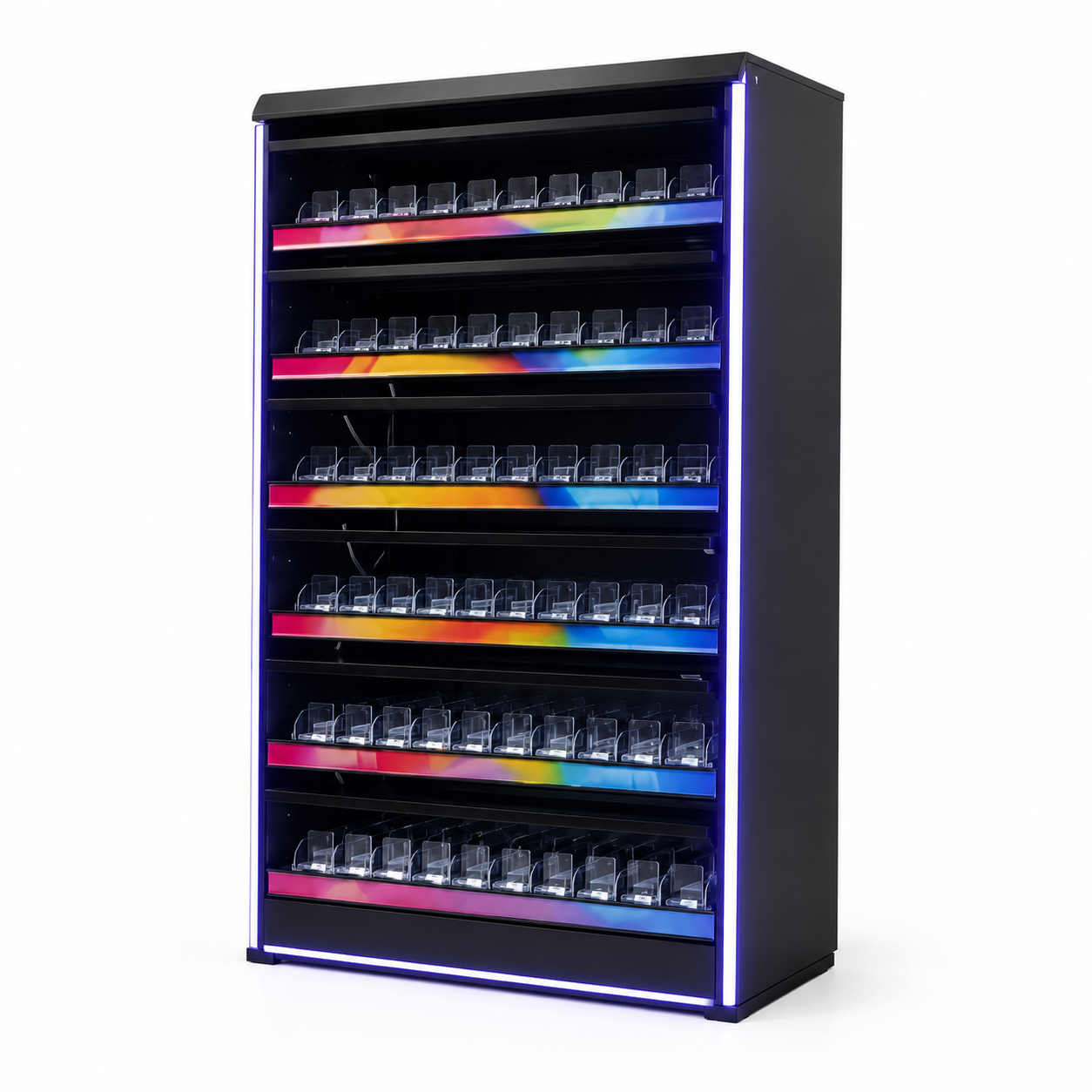 מדף תצוגה שחור עם קצוות מוארים בתאורת LED ושורות של כוסות זכוכית קטנות או צנצנות בפנים