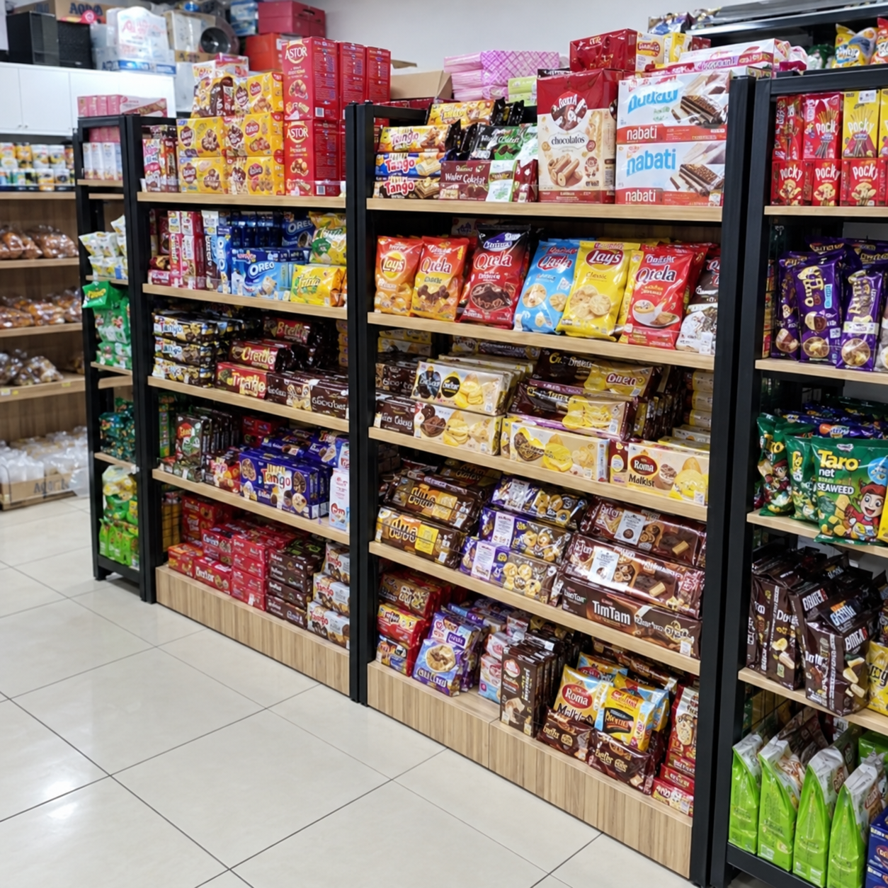 מעבר חטיפים בסופרמרקט, עם מדפים עמוסים בחטיפים ארוזים וצבעוניים, כמו צ'יפס ועוגיות
