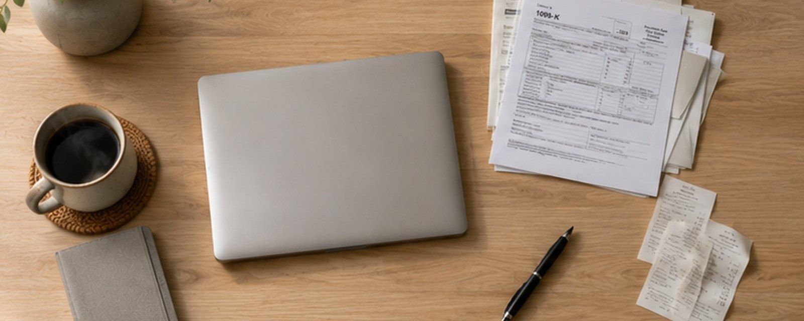Two people reviewing a laptop and notebook at a table by a window