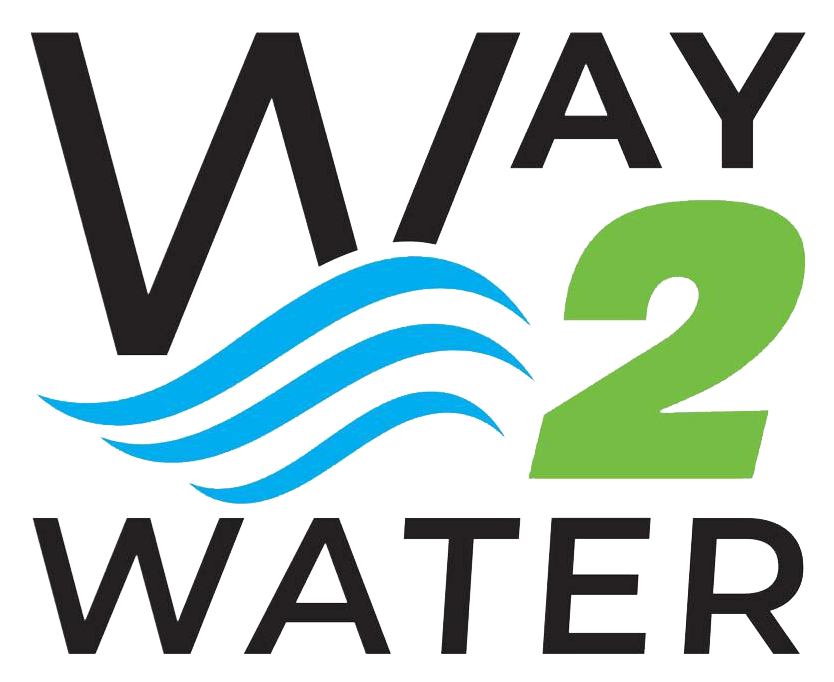 A logo for way 2 water with a blue and green wave