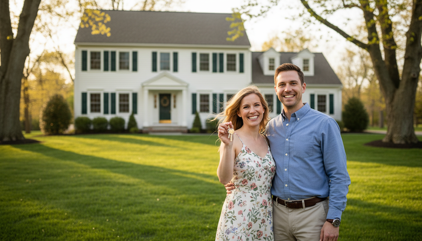 Couple smiling in front of a white house with green shutters, holding keys, sunny day.