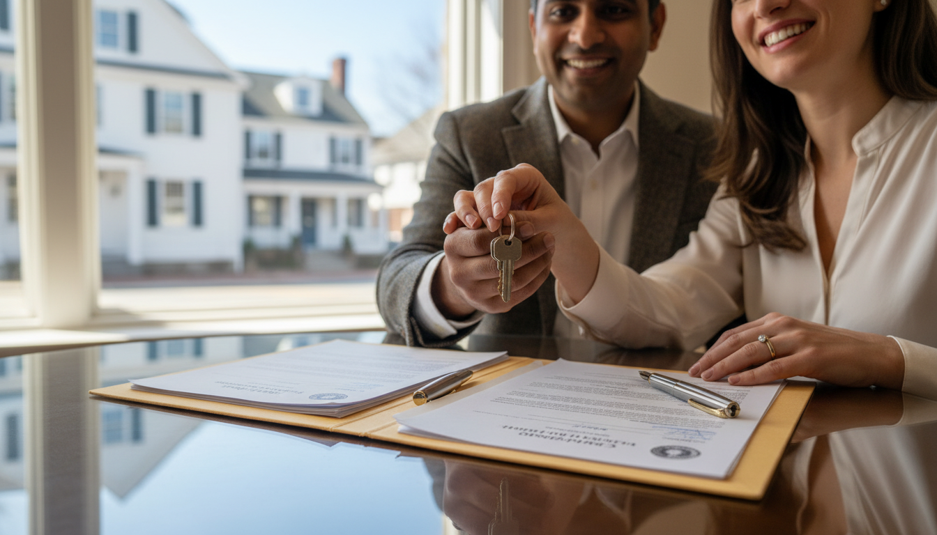 Couple receiving house keys over signed documents. Smiling, with houses visible in background.