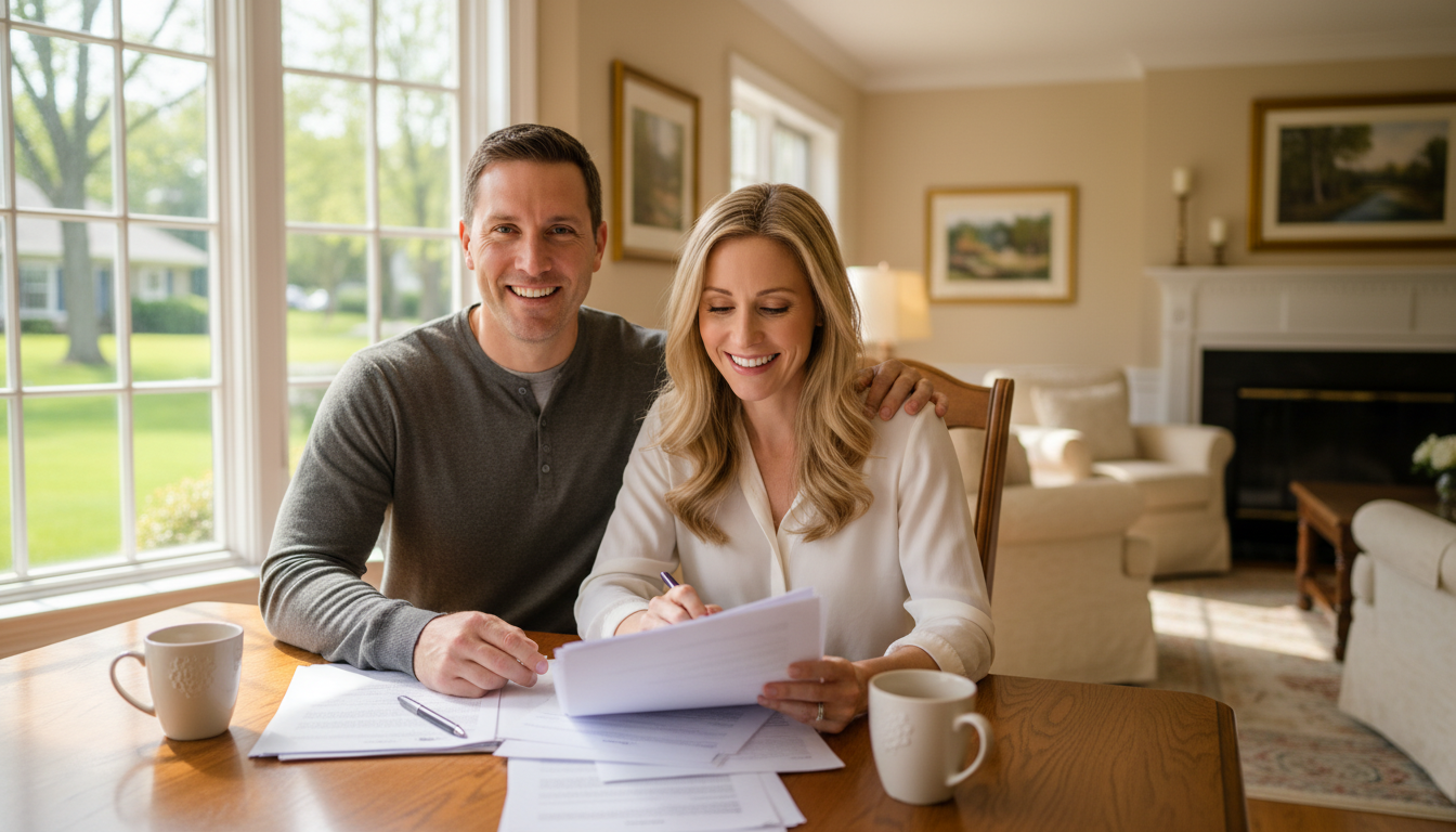 Couple smiles while reviewing documents at a table near a window. Sunlight, coffee mugs, interior setting.