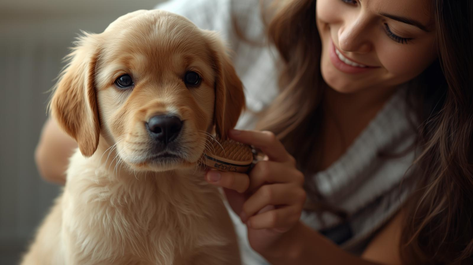 dog being brushed at home as part of basic grooming routine