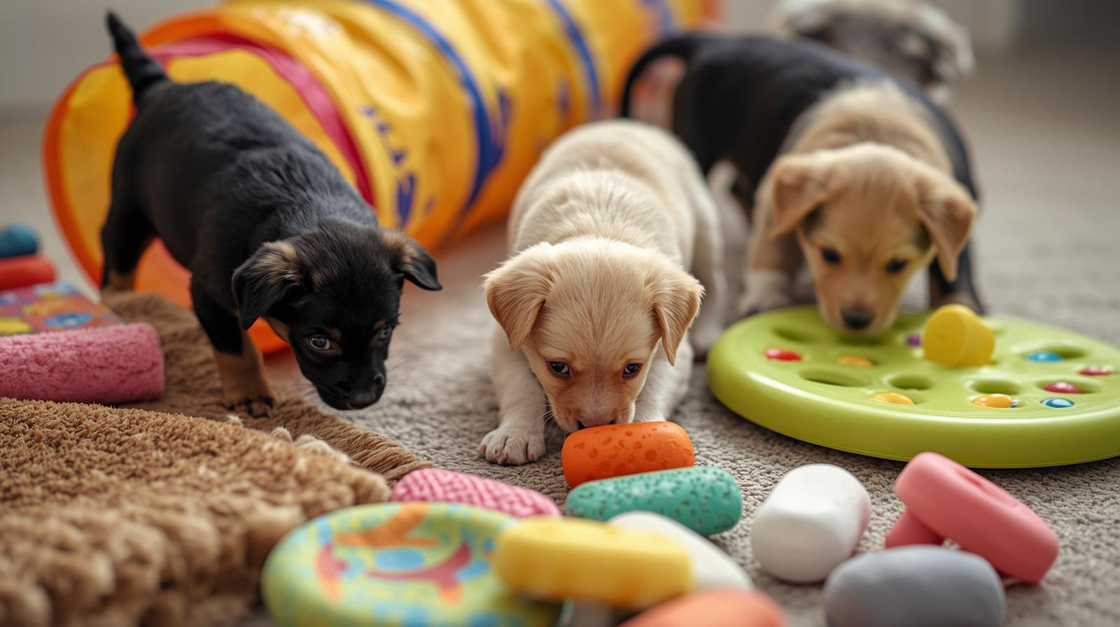 puppies experimenting with early enrichment items that support temperament development