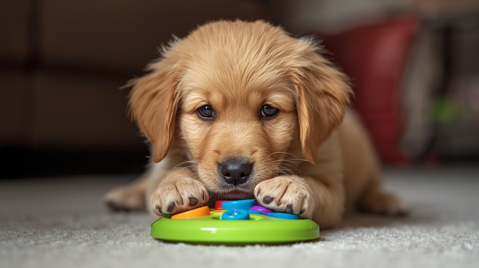 dog using a puzzle toy for mental enrichment at home