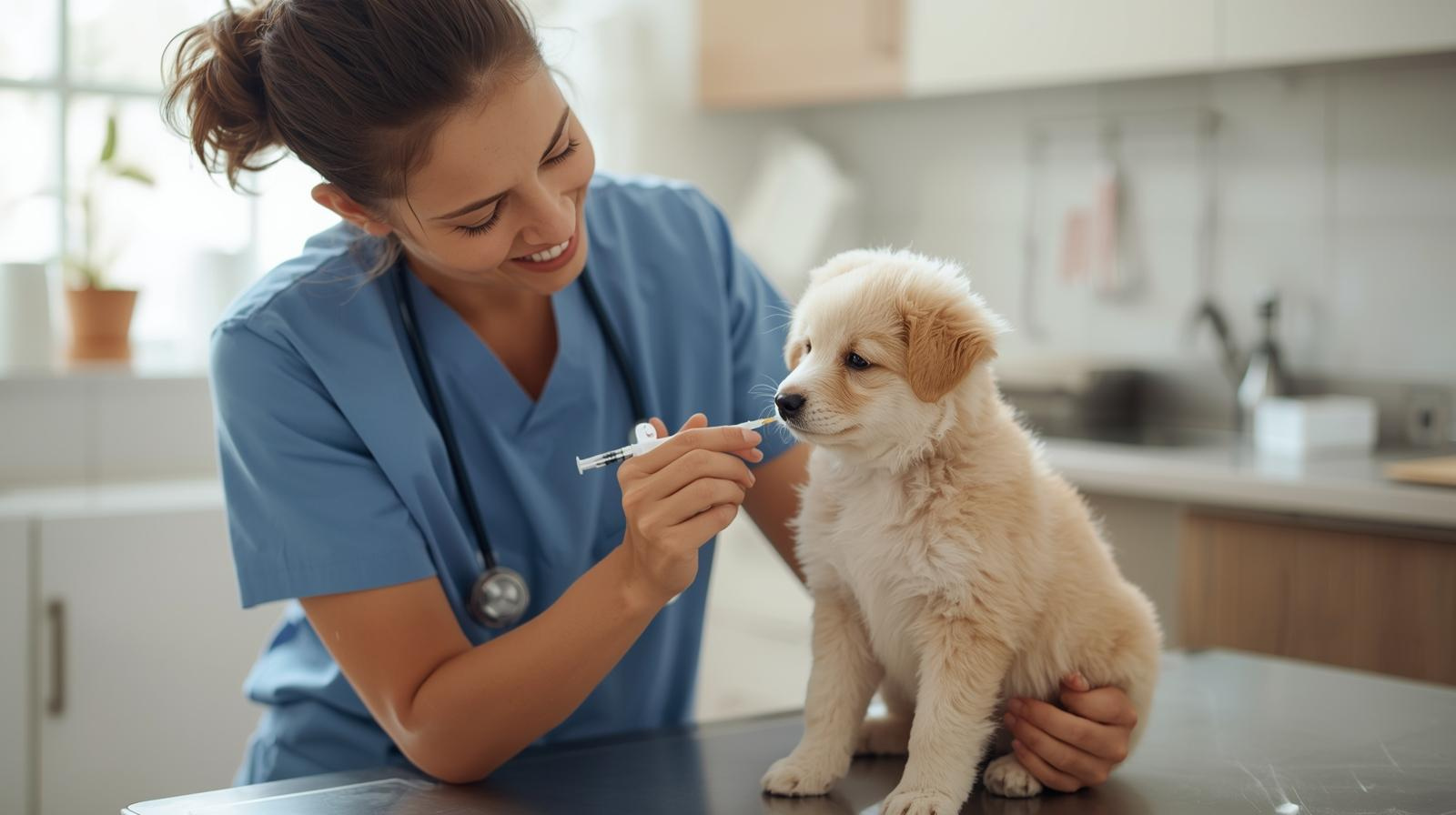 veterinarian giving a young puppy its DHPP vaccine during routine puppy health care