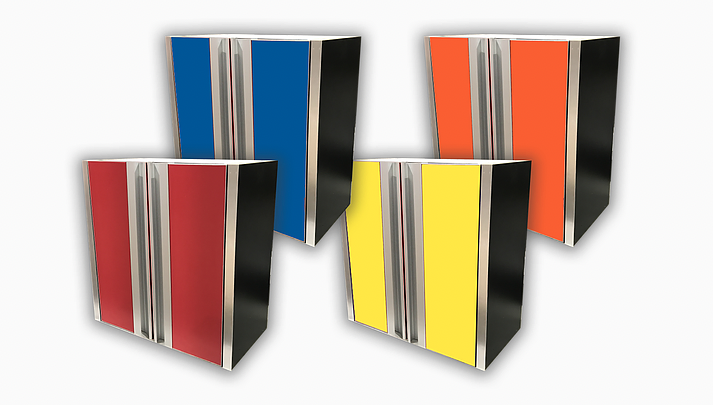 Four colorful speakers: red, blue, yellow, and orange. Each with a silver strip and black sides.