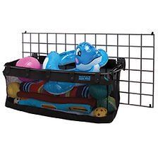 Black wire basket filled with toys, attached to a black grid.