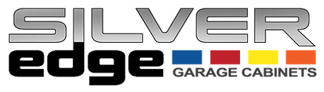 Logo for Silver Edge Garage Cabinets with silver text over a black