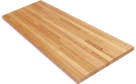 Butcher block countertop, light wood with vertical and horizontal grain patterns.