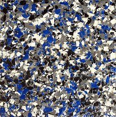 Blue, gray, black, and white speckled epoxy flooring.