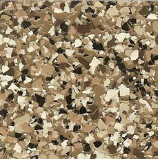 Floor coating with beige, tan, black, and white chips.