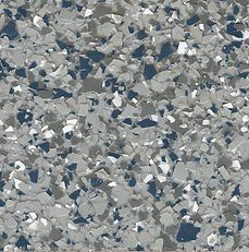 Gray, white, and blue speckled epoxy floor.