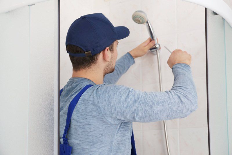 Plumber Working In Shower Stall — Dempsey Plumbing in Woy Woy
