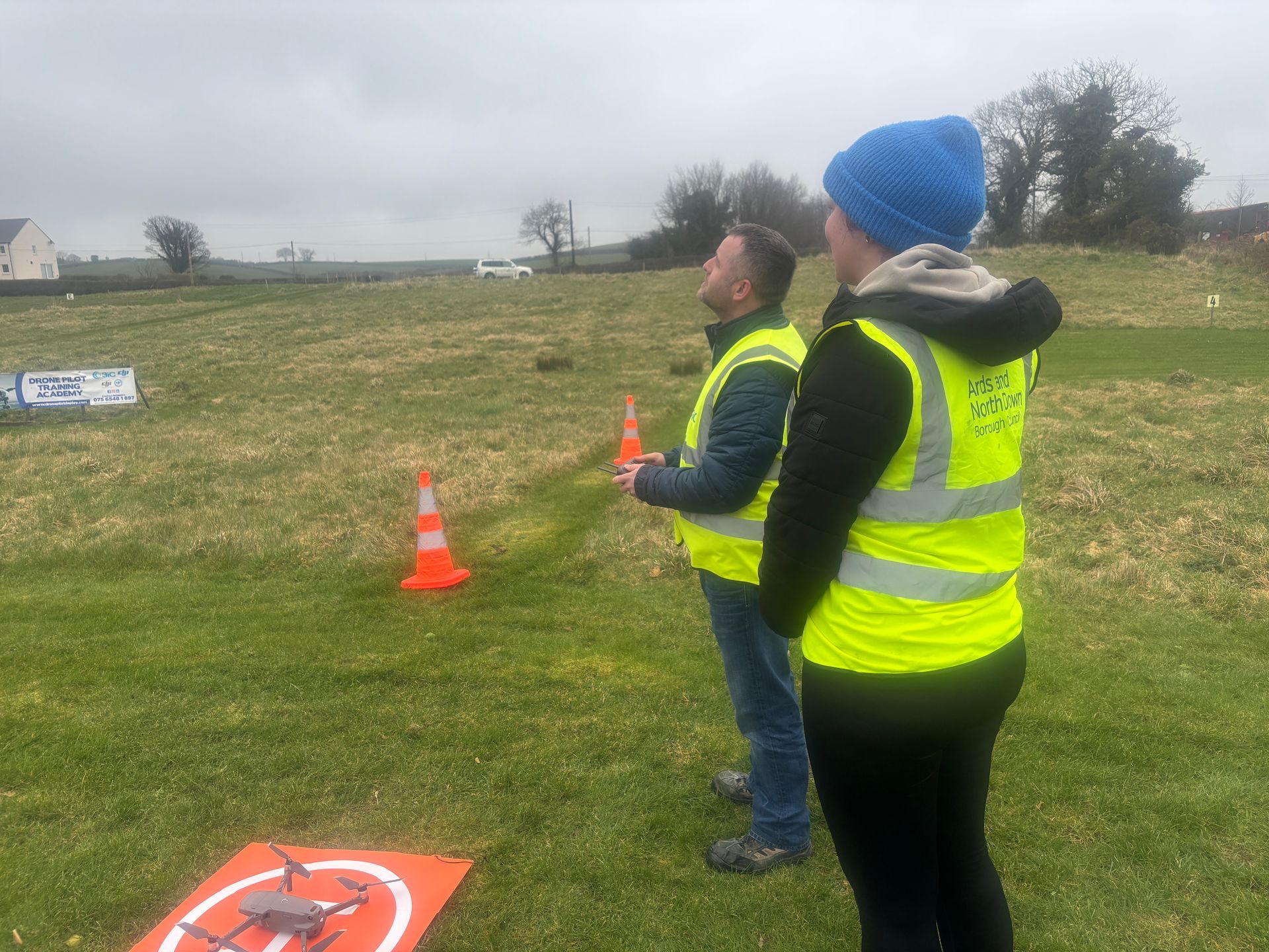 Sushanna Marshall & Thomas Jackson from Ards & North Down Brough Council at Drone Pilot Training Academy Belfast