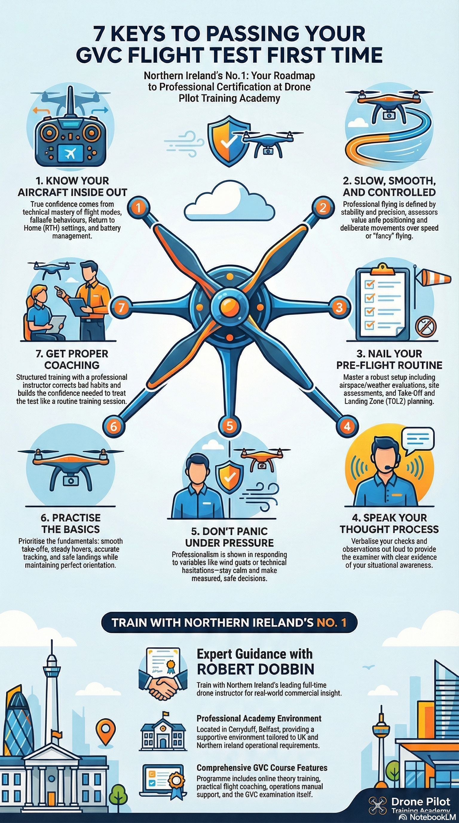 7 Keys to Passing your GVC Flight Test First Time Infographic - Drone Pilot Training Academy Belfast, Northern Ireland